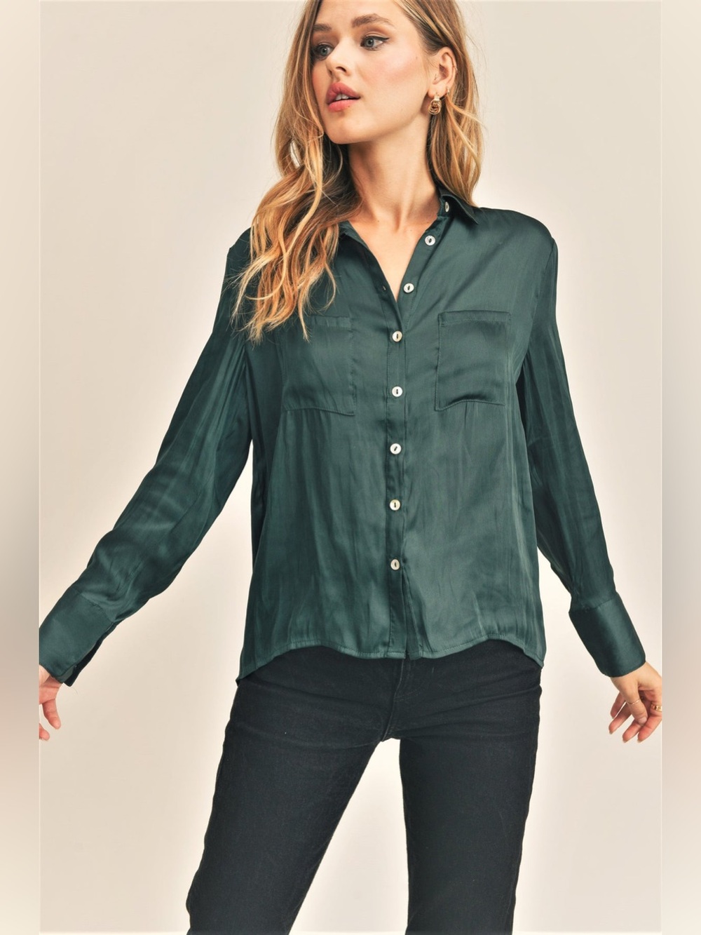 Reset by Jane Satin Top Blouse Button front Teal Green Piper Small S